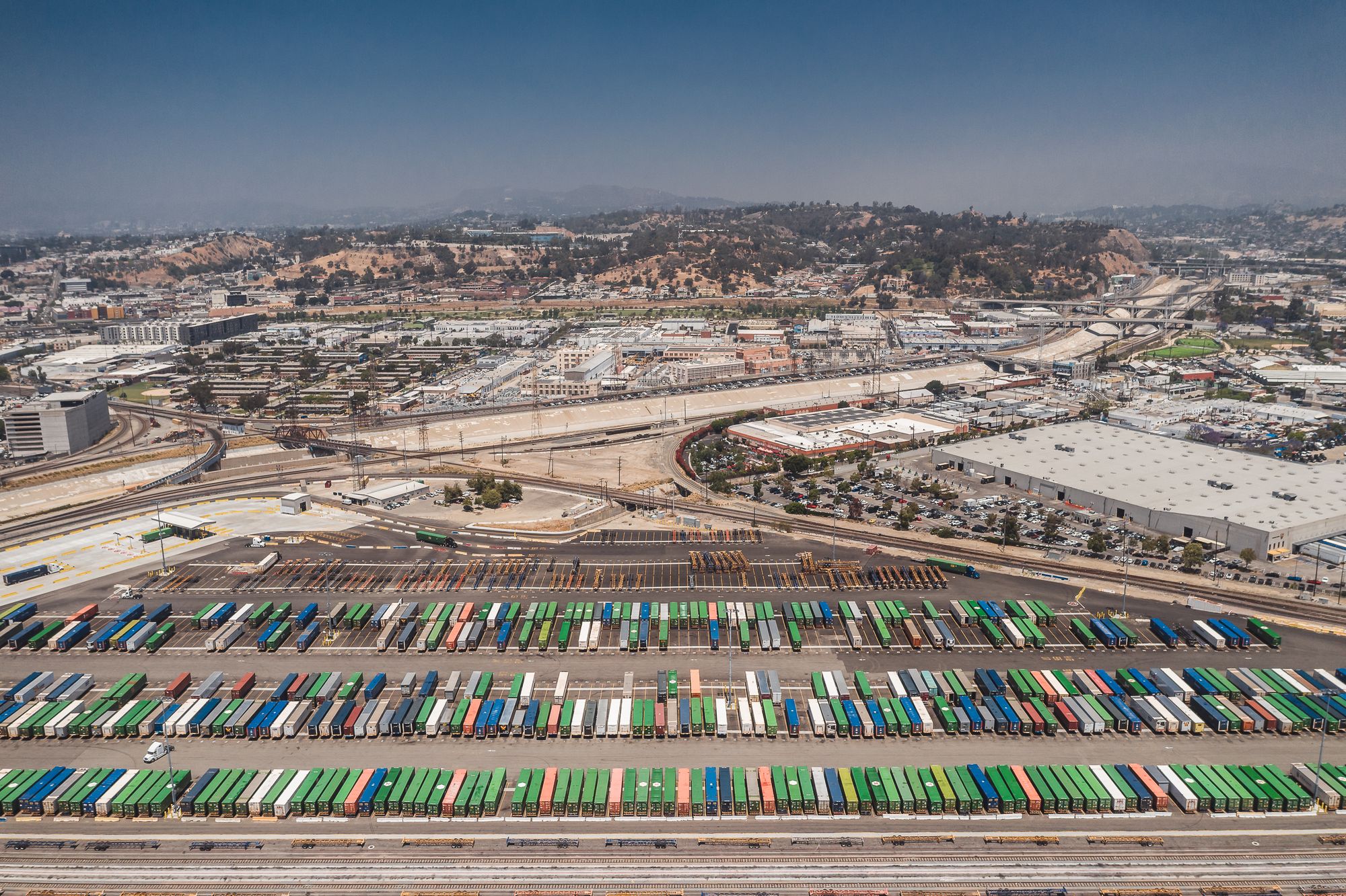 Aerial view of a large intermodal logistics hub