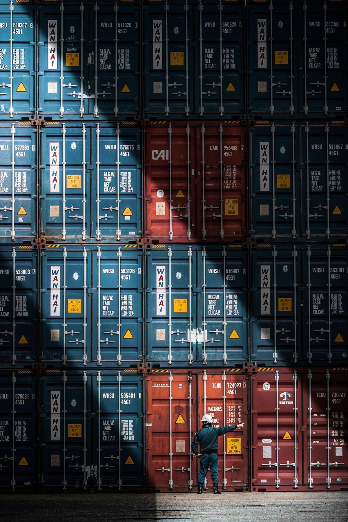Stacked blue and red freight containers