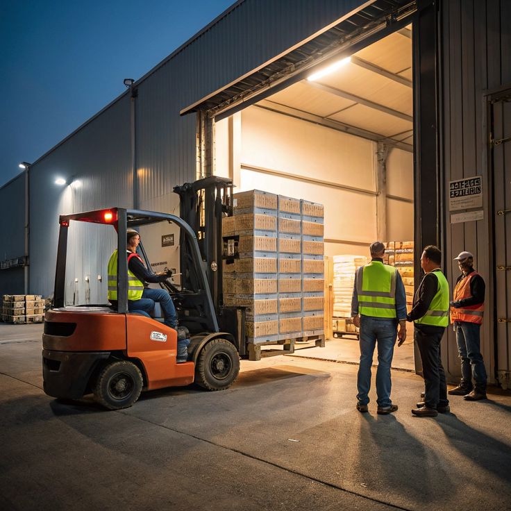 Logistics team loading cargo at a distribution warehouse