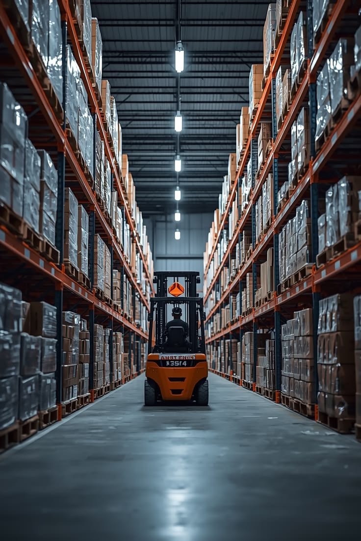 Forklift in an organized warehouse aisle